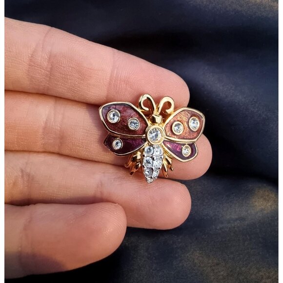Vintage SWAROVSKI Swan Signed Brown Enamel Clear Crystals Butterfly Brooch Pin - Picture 5 of 5